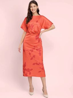 FableStreet - Orange Satin Floral Print Kimono Dress