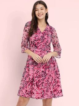FableStreet - Pink Printed Flared Dress with Belt (Set of 2)