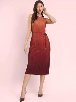 FableStreet - Brown Ombre Pleated Dress with Belt (Set of 2)