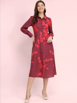 FableStreet - Maroon Floral Print Shirt Dress