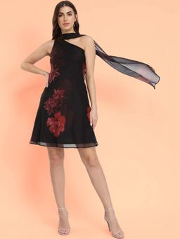 FableStreet - Black Scarf Detail A-Line Floral Dress