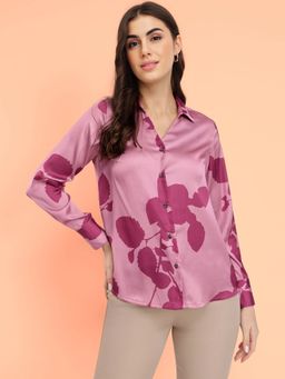 FableStreet - Pink Satin Floral Shirt