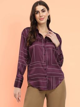 FableStreet - Wine Satin Dash Print Shirt