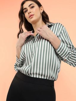 FableStreet - Olive Satin Striped Shirt