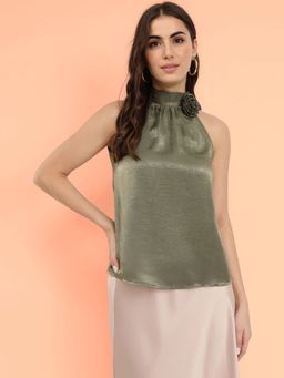 FableStreet - Satin Halter Neck Olive Top