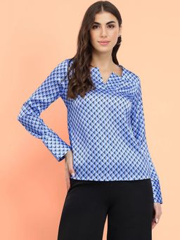 FableStreet - Stretchable Satin Geometric Blue Top