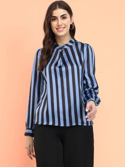 FableStreet - Satin Striped Blue Top