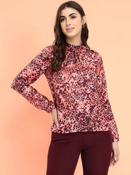 FableStreet - Satin Animal Print Pink Top