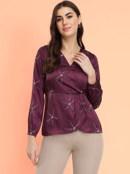 FableStreet - Satin Floral Wrap Burgundy Top