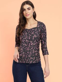 FableStreet - Sweetheart Neck Ditsy Black Top