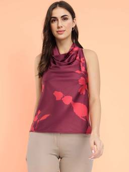 FABLE STREET - Stretchable Satin Cowl Neck Burgundy Top