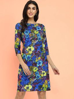 FableStreet - Floral Shift Knee Dress - Blue