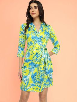 FableStreet - Satin Floral Wrap Mini Dress - Green