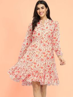FableStreet - Fit And Flare Floral Knee Dress - Orange