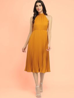 FableStreet - Pleated Halter Midi Dress - Mustard