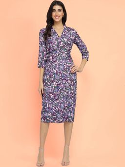 FableStreet - Floral Sheath Midi Dress - Purple