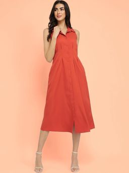 FableStreet - Button Down Midi Dress - Rust