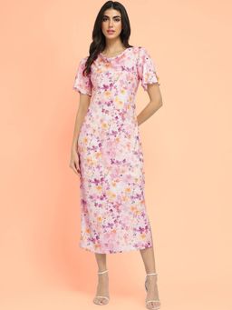 FableStreet - Floral A-Line Midi Dress - Pink