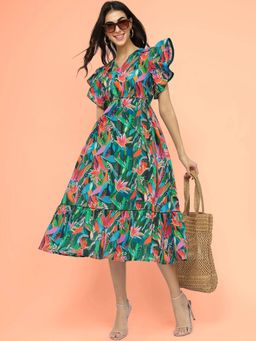 FableStreet - Cotton Floral Midi Dress - Green