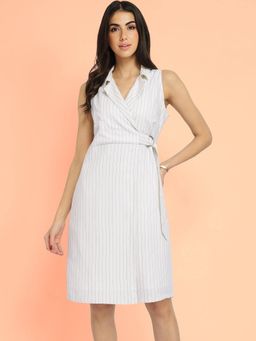 FableStreet - Linen Wrap Knee Dress - White