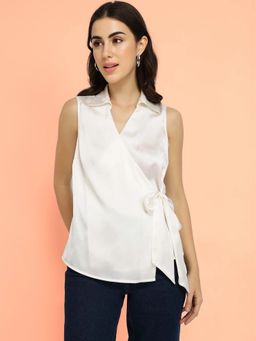 FableStreet - Off White Satin Floral Wrap Top