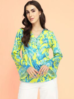 FableStreet - Green Satin Floral Top