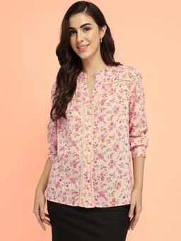 FABLE STREET - Peach Mandarin Neck Floral Shirt