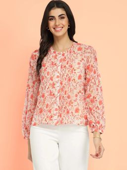 FableStreet - Orange Floral Gathered Sleeves Top