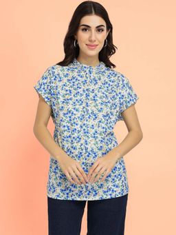 FableStreet - Blue Floral Drop Shoulder Top