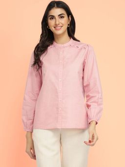 FableStreet - Pink Cotton Blend Mandarin Neck Top