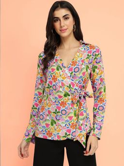 FableStreet - Cotton Blend Wrap Shirt - Multi-Color