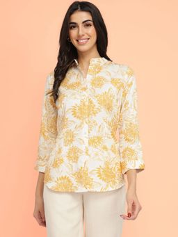 FableStreet - Mandarin Collar Floral Shirt - Yellow