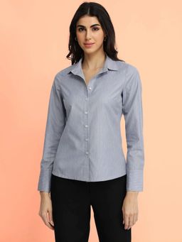 FableStreet - Cotton Blend Striped Shirt - Grey and White