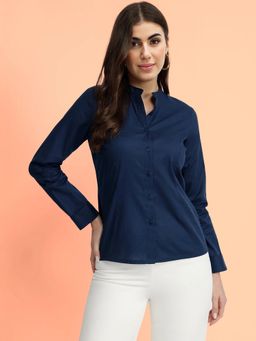 FableStreet - Cotton Mandarin Shirt - Navy Blue