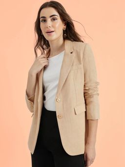 FableStreet - Beige Linen Single Breasted Blazer