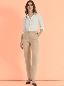 FableStreet - Beige Linen Mid Rise Tapered Trouser