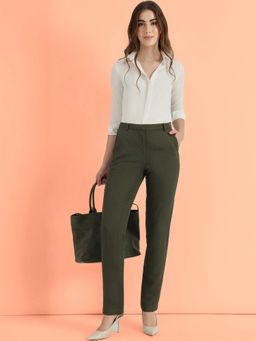 FableStreet - Olive Linen Mid Rise Tapered Trouser
