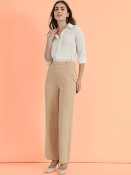 FableStreet - Beige Linen Mid Rise Straight Leg Trouser