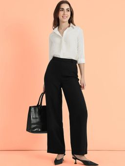 FableStreet - Black Linen Mid Rise Straight Leg Trouser