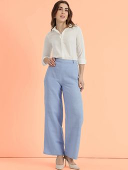FableStreet - Sky Blue Linen Mid Rise Straight Leg Trouser