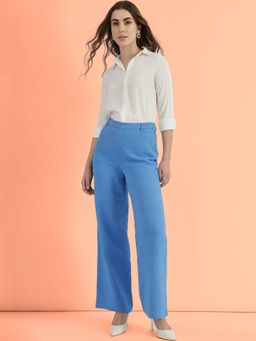 FableStreet - Blue Linen Mid Rise Straight Leg Trouser