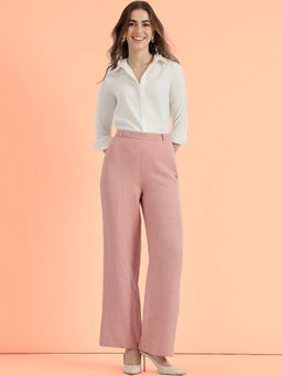 FableStreet - Pink Linen Mid Rise Straight Leg Trouser
