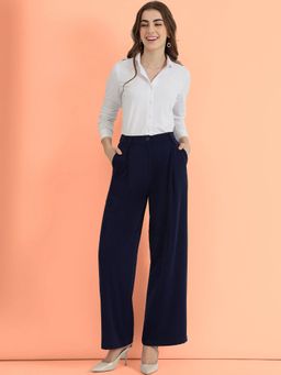 FableStreet - Navy Blue Single Pleat Straight Leg Trouser