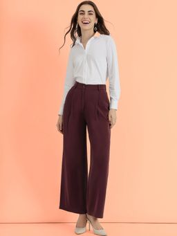 FableStreet - Maroon Single Pleat Straight Leg Trouser