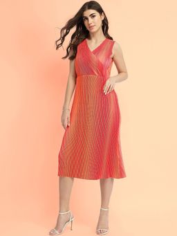 FableStreet - Pleated Ombre Midi Dress - Pink/Orange