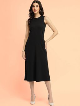 FableStreet - Cotton A Line Knit Midi Dress - Black