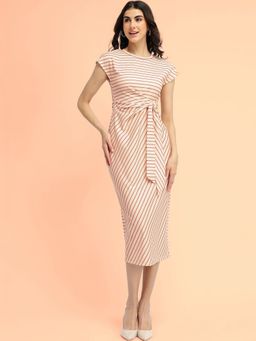 FableStreet - Striped Tie-Up Midi Dress - Cream/Red