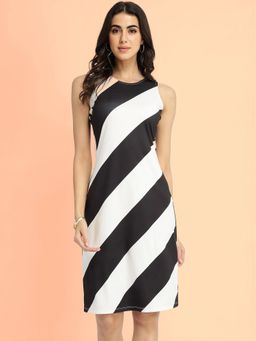 FableStreet - Striped Knit Shift Knee Length Dress - Black and White