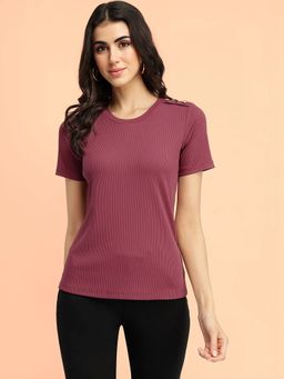 FableStreet - Women Burgundy Textured T-Shirt