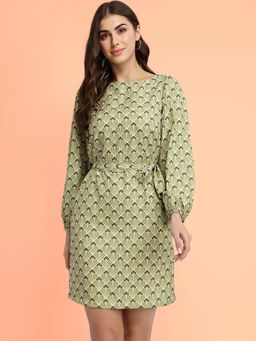 FableStreet - Women Green Floral Mini Length Dress with Belt (Set of 2)
